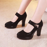 kamames Catwalk High Heels Women's Thick Heels Waterproof Table Pointed Black Work Shoes Velcro Women's Singles Shoes