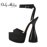 kamames Onlymaker Women Peep Toe Sandals Black Flock Platform Ankle Strap High Heel Shoes Female Big Size Party Dress Sexy Sandals