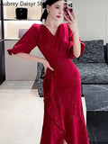Zingj Midi Red Mermaid Dress Women Autumn Korean Sexy V-neck Irregular Sequins Dress Vintage Casual Evening Party Dress 2023