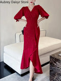 Zingj Midi Red Mermaid Dress Women Autumn Korean Sexy V-neck Irregular Sequins Dress Vintage Casual Evening Party Dress 2023