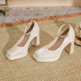 kamames kamames Waterproof Table One Word Button Spring New High Heels Mary Jane Senior Sense Silk Square Head Thick Heel Women's Shoes