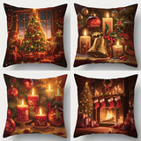 4-Pack Festive Christmas Pillows - Vibrant Holiday Decorations with Tree, Candles, and More - Soft, Contemporary Style, Hand Washable, Printed Design, Zipper Closure, 17.72 x 17.72 inches for Living Room, Bed, and Bedroom