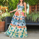 kamames Women Elegant  Strapless and Sleeveless Tropical Landscape Pattern Hollow Out A Line Maxi Sexy Vacation Dresses