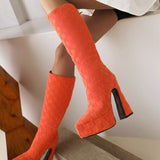 kamames Crocodile Leather Women Knee High Boots Fashion Platform Suqare High Heel Punk Boots Pointed Toe Motorcycle Boots Lady Shoe