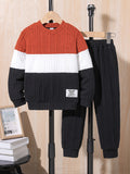 2pcs Boys Color Block Knit Long Sleeve Sweatshirt and Pants Sets - Soft, Stretchy, and Breathable Polyester Fabric - Machine Washable, Casual Wear for Spring and Fall Seasons