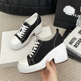 kamames High-Top Canvas Shoes Women's 2024 New Retro Thick Heels With Round Head Lace-Up Thick Soles And Small White Shoes