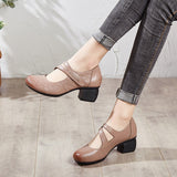 GKTINOO 2021 Vintage Women Pumps Comfortable Genuine Leather High Heel Shoes Women Round Toe Casual Thick Heel Mother Shoes