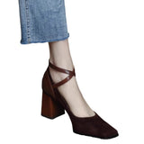 kamames kamames And Autumn New High Heels Female Suede Retro Square Head Thick With Cross Buckle Belt Korean Version Of Shallow Mouth Mary Jane Single Shoes Female