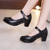 kamames 2023 Comfortable Medium-Heeled Round Head Large Size 40-43 Middle-Aged Leather Shoes Catwalk Cheongsam Single Shoes