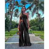 kamames Solid Female Pant Two piece Set Skew Collar Sleeveless Top High Waist Wide Leg Pants Suit Elegant Evening Party Women Set