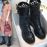 kamames Sales Genuine Leather Hollow Out Short Boots for Women Buckle Round Toe Thiick Heels Pumps Ladies Retro Party Shoe