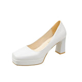 kamames kamames Size Square Head High Heels Fashion Waterproof Platform Women's Fashion Cover Foot Bright Skin Thick Heel Work Single Shoes