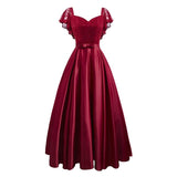 kamames Burgundy Party Dress Floral Lace Long Women Short Sleeve Ruffle Elegant Red Blue Black Casual Maxi Date Satin Vestidos