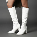 kamames White Autumn Women Boots Fashion Pleated Knee High Boots Square Low Heel Pointed Toe Winter Long Boots Lady Shoes 2021