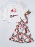 Girls' 2-piece Sets, BELIEVE And Santa Claus Print Pullover + Leopard Print Flare Pants, Autumn outdoor Clothes Christmas