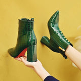 kamames Style Womne's High Heeled Ankle Boots,Autumn/Winter Shoes Female Snake Pattern Patent Leather Short Boot Black Brown