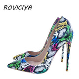 kamames Woman Shoes Pointed Toe High Heels Colourful Snake Print Stilettos 12 cm 10 cm 8 cm Wedding Shoes Girls QP049 ROVICIYA