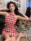 Zingj Hit Color Houndstooth Dress Women Sexy Pearls Beaded Hollow Out Waist Dresses 2023 Summer Sleeveless Bodycon Vestidos