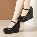 kamames Heel High Heel Buckle Spring Single Shoes 2023 New Thick-Soled Waterproof Platform Walking Shoes Lacquered Leather Shallow-Mouth Work Shoes