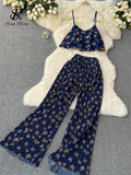 kamames Summer Floral Chiffon Beach 2pcs Sets Fashion Strap Sexy Camisole+Wide Legs Long Pants Butterfly Print Two Pieces Suit