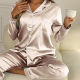 Risonclo Womens Elegant Solid Color Long Sleeve Lapel Pajama Set - Soft Polyester Blend Fabric, Button-Up Top, Relaxed Fit Pants, Machine Washable - Perfect for Teen Girls Sleepwear and Loungewear All Season