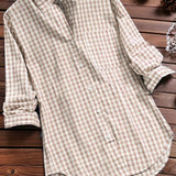 Plus Size Womens Lapel Collar Plaid Gingham Print Casual Long Sleeve Shirt - Soft Non-Stretch Polyester Fabric, Woven Construction, Perfect for Spring and Fall Seasons