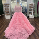 Ruffles Candy Color Girl Pageant Dress  Feather Crystals Pearls Little Kid Birthday Formal Party Gown Infant Toddler Teens Tiny Young Junior Miss Aqua Pink Lilac