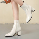 kamames Autumn Women Fashion Square High Heels Zapatos De Mujer White Patent Leather Shoes Ankle Boots Black Woman Zipper