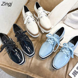 kamames new Spring Casual Solid Flat Women Shoes Patent Leather Lace-Up Loafers Flat Platforms British Style Ladies Oxfords35-42