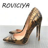 kamames Color Bronze Feather Leaf Printed Toe 12cm High-heeled Shoes 12 cm Sexy Night Club Wedding Party QP024 ROVICIYA