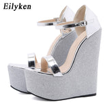 kamames 2023 New Fashion Silver Thick Bottom Platform Wedge Woman Sandals High Quality Patent Leather Ankle Buckle Strap Shoes