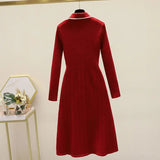 kamames Winter New Knitted Bottoming Dress for Women High-end Temperament Lapel Long Sleeve Button Deco A-line Sweater Long Dress