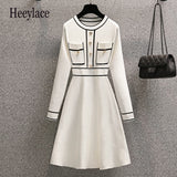 kamames Size Autumn Winter Striped Patchwork Knitted Dress Elegant Women O Neck Button Long Sleeve White Sweater Dresses 4XL