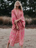 kamames Tropical Printed Reddish Orange Ankle Length Beach Wear Kimono Dress Fashion Women Swimwear Chiffon Tunic pareos Q590