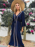 kamames Elegant Blue Long Cotton Women Summer Beach Tunic Dress Plus Size Sexy V-Neck Wrist Party Dress Pareo Kaftan Femme Q529