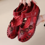 kamames Summer New Head Layer Cowhide Flat Bottom Women's Shoes National Wind Leather Hollow Out Small Flower Women's Sandals Mother Shoes