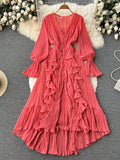 Zingj Chiffon Pleated Long Dress Women Vintage V-Neck Flare Sleeve Draped Ruffle Vestido Female Maxi Robe Spring Fall 1028-0