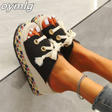 kamames size slippers women's 2022summer woven fish mouth shoes fabric one word lace sponge cake thick bottom sandals and slippers