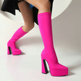 kamames Fashion Women Knee High Boots Platform Square High Heel Long Boots Autumn Winter Pointed Toe Stretch Lady Shoes