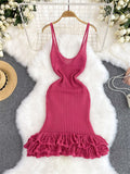 kamames Summer Hollow Out Sexy Dress American INS Strap Slim Fit Ruffles Bodycon Design Solid V-Neck Sleeveless Knitted Dress