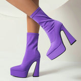 kamames Blue Women Ankle Boots 2022 Stretch Fabric Platform Square High Heel Punk Boots Pointed Toe Autumn Winter Ladies Shoes