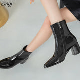 kamames Autumn Women Fashion Square High Heels Zapatos De Mujer White Patent Leather Shoes Ankle Boots Black Woman Zipper