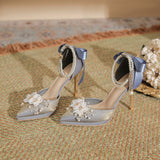 kamames kamames Flower Bow Pearl Chain Waterproof Platform Heel Heels Not Tired Wedding Shoes High Heels