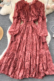 kamames Autumn Women Lace Midi Dress Vintage Round Neck Lantern Long Sleeve High Waist A-Line Elegant Party Robe New Fashion 2023