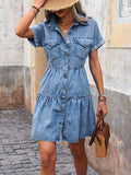 Womens Fitted Chic Denim Dress - Button Front, Collar, Short Sleeves, Solid Color, Non-Stretch, Woven, Casual Streetwear Fashion for All Seasons