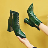 kamames Style Womne's High Heeled Ankle Boots,Autumn/Winter Shoes Female Snake Pattern Patent Leather Short Boot Black Brown