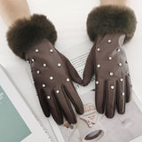 Thick Soft Plush Cuff Gloves Rhinestone Decor PU Leather Gloves Autumn Winter Windproof Touchscreen Gloves