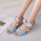 kamames SGESVIER Ladies Low Heel Sandals 2018 New Summer Peep Toe Buckle Strap Bowtie Shoes Woman Party Shoes White Blue Pink B12