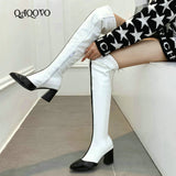 kamames Autumn Winter Women Over The Knee Boots Fashion Zipper Mixed Colors Thigh Boots Ladies Square Heel Pointed Toe Shoes Women
