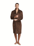 Casual Polyester Men's Robe Set - Fall/Winter Long Sleeve Solid Color Bathrobe with Belt, Slight Stretch Fabric, Warm Plush Fleece V-neck Sleepwear with Pockets